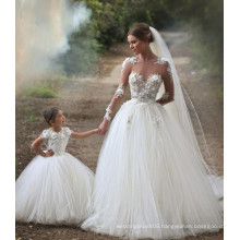 2019 Designs 3D Floral Lace Appliqued White Tulle Mother and Daughter Matching Dress Wedding